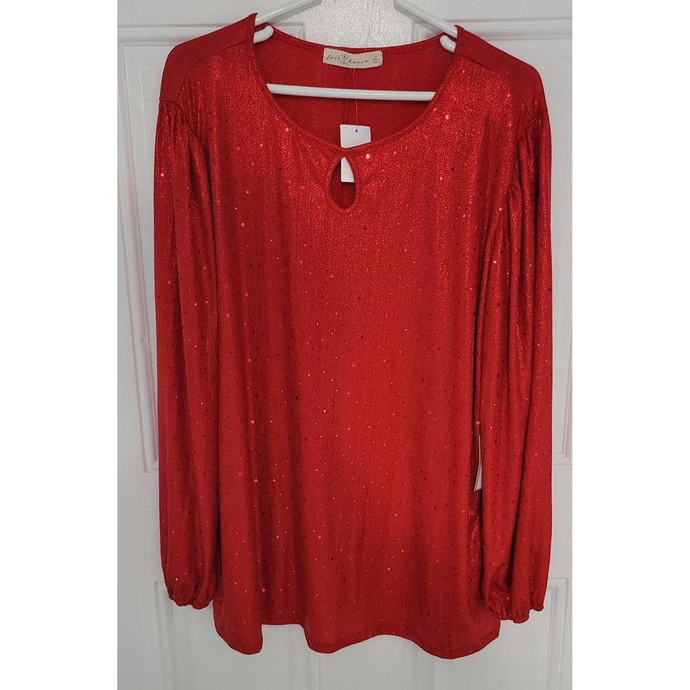 Women's Crewneck Keyhole Sequin Puff Long-Sleeve Top Size 3XL Color‎ Red